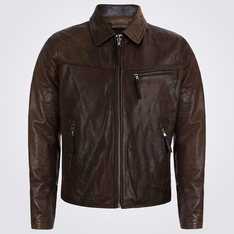 Men's Smart Brown Genuine Cow Leather Harrington Jacket