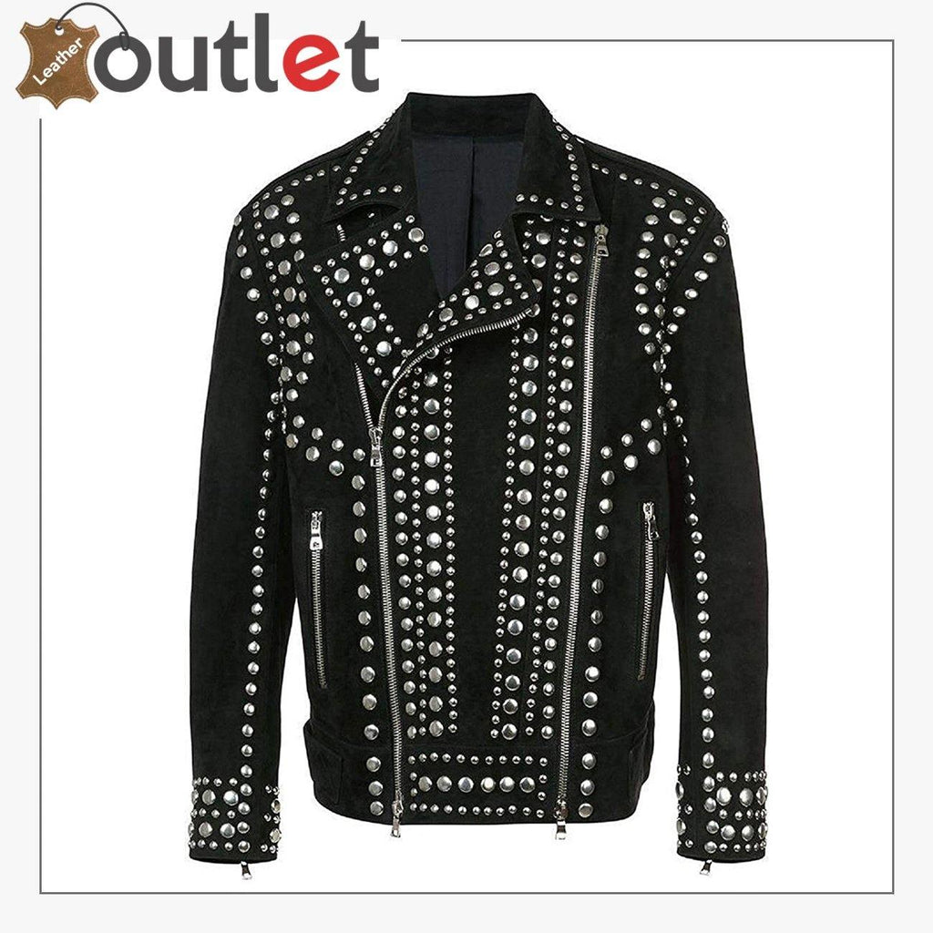 Mens Studded Punk Black Suede Leather Jacket