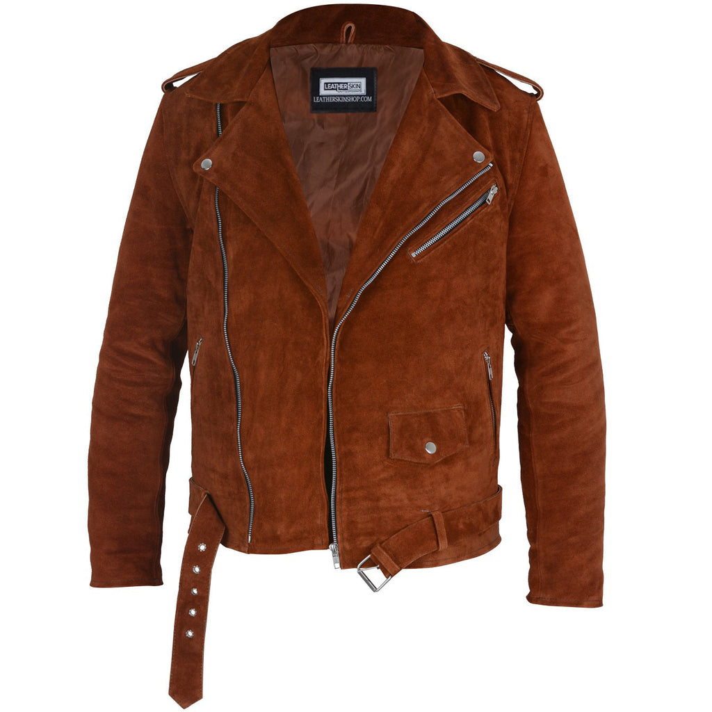 Mens Suede Jacket - Brown Suede Jacket with Asymmetrical Zip