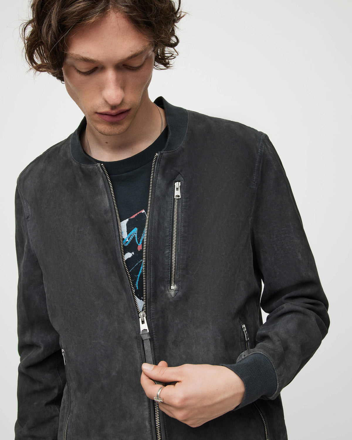 Men's Black Suede Leather Bomber Jacket with Removable Hood - Versatile Style