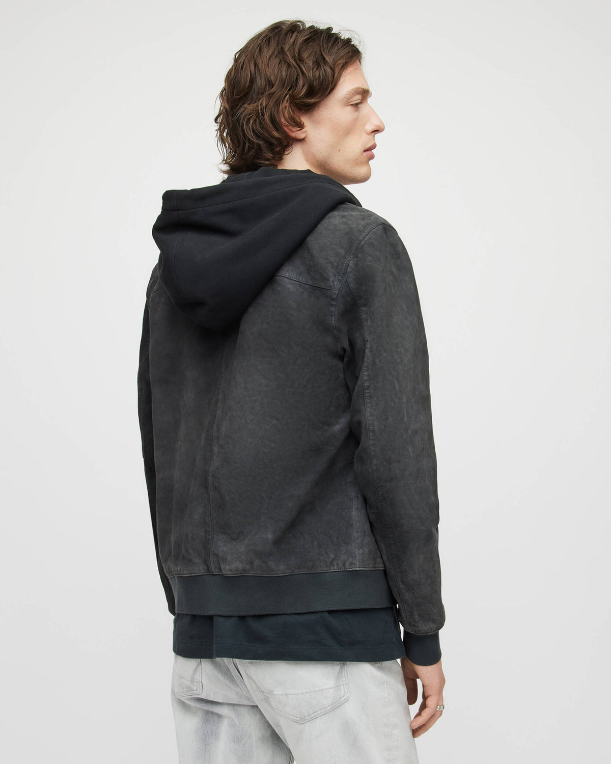 Men's Black Suede Leather Bomber Jacket with Removable Hood - Versatile Style