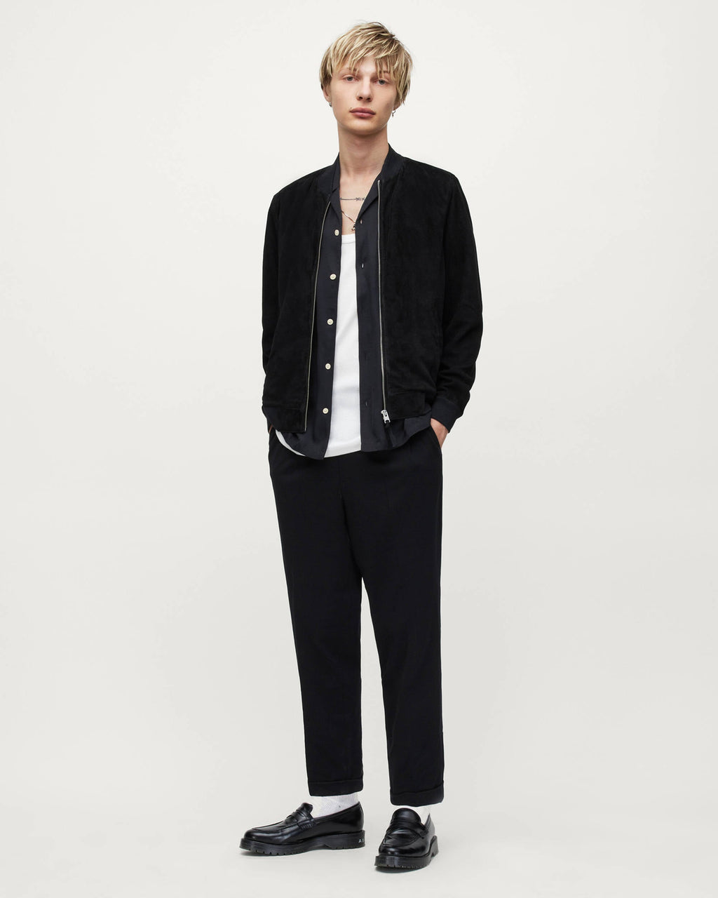 Men's Black Suede Leather Bomber Jacket - Timeless Elegance
