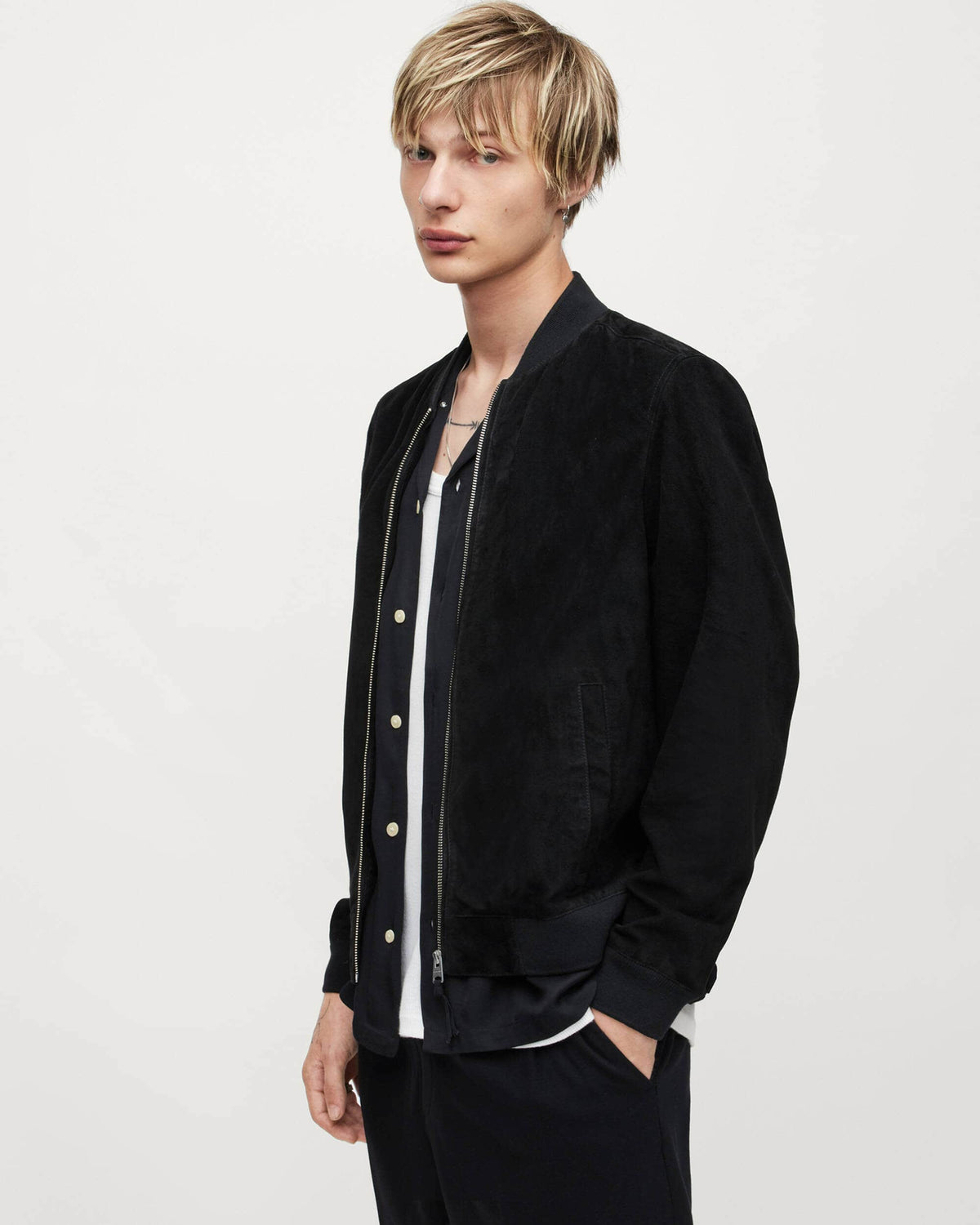 Men's Black Suede Leather Bomber Jacket - Timeless Elegance