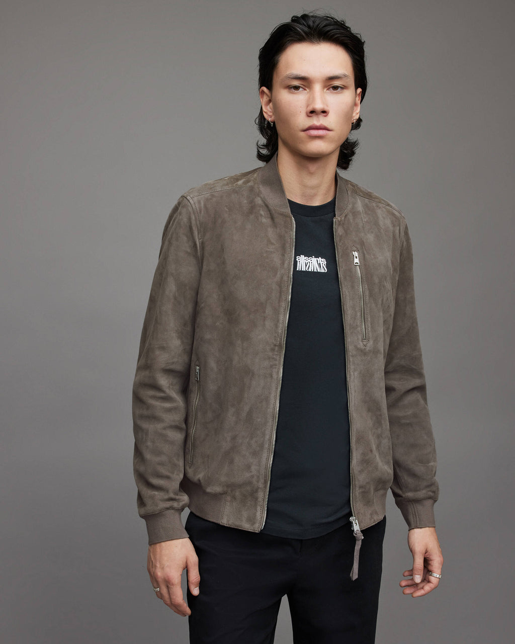 Men's Gray Suede Leather Bomber Jacket by Avanzar