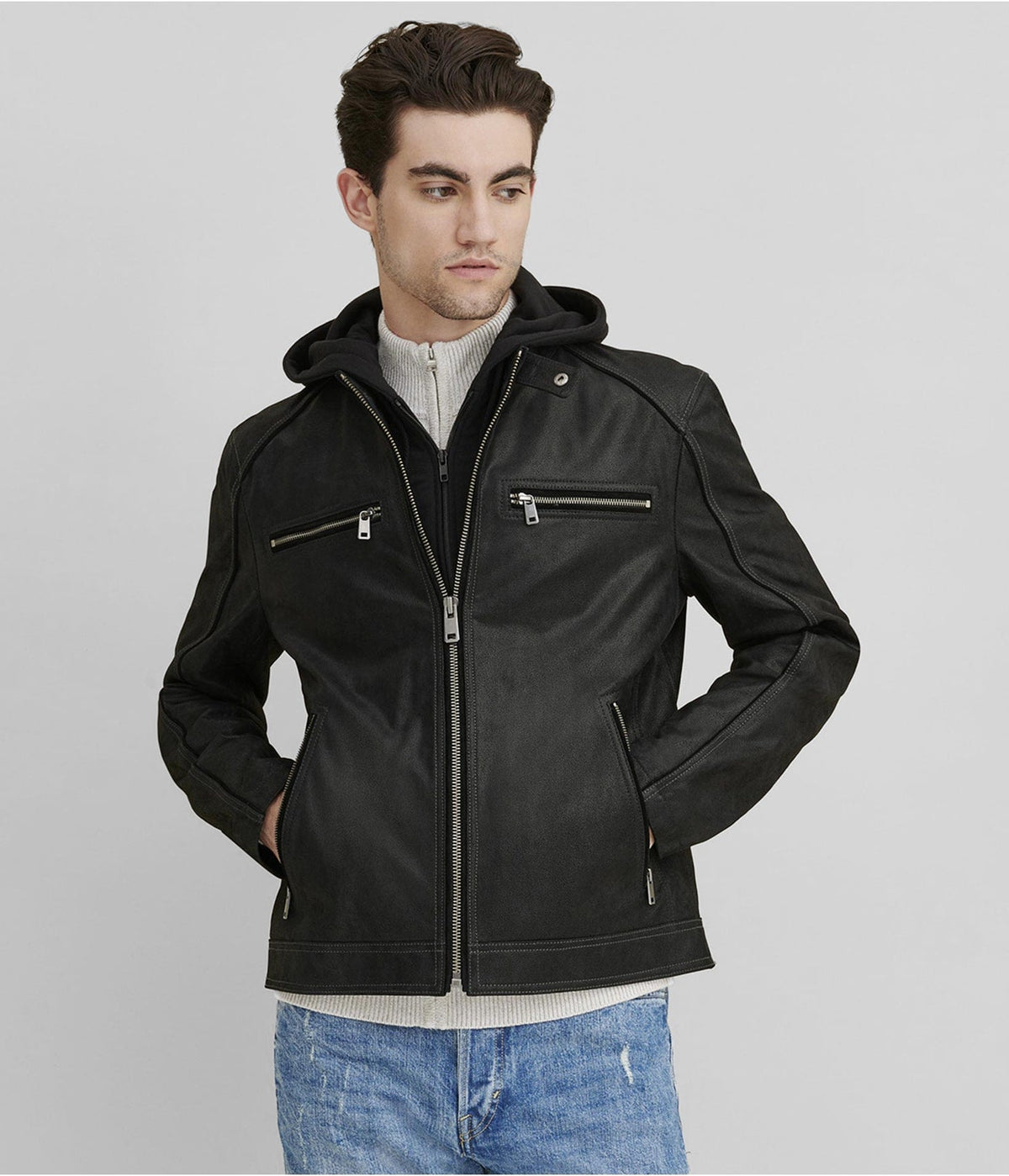 Men's Black Suede Leather Cafe Racer Jacket - Premium Style