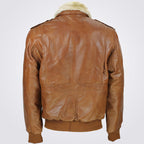Men's Tan Brown Leather Pilot Bomber Jacket Removable Fur Collar