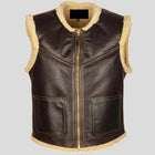 Mens Tan Brown Shearling Biker Style Real Leather Vest