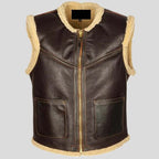 Mens Tan Brown Shearling Biker Style Real Leather Vest