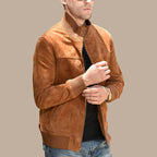 Men’s Real Leather Jacket With Rib Cuff Standing Collar