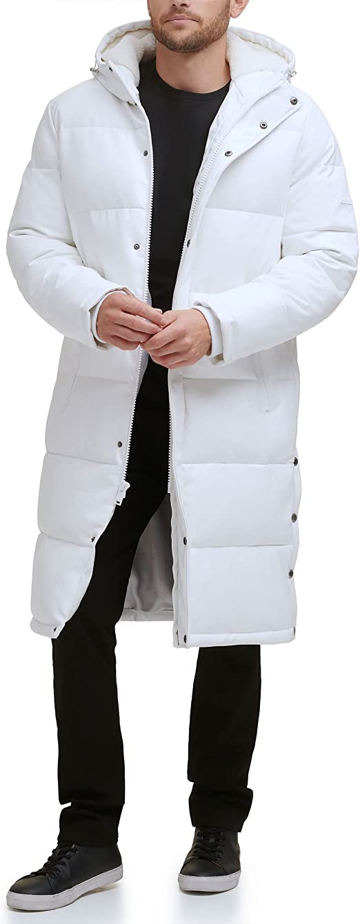 Men's White Trench Puffer Leather Coat - Sleek & Warm