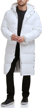 Men's White Trench Puffer Leather Coat - Sleek & Warm