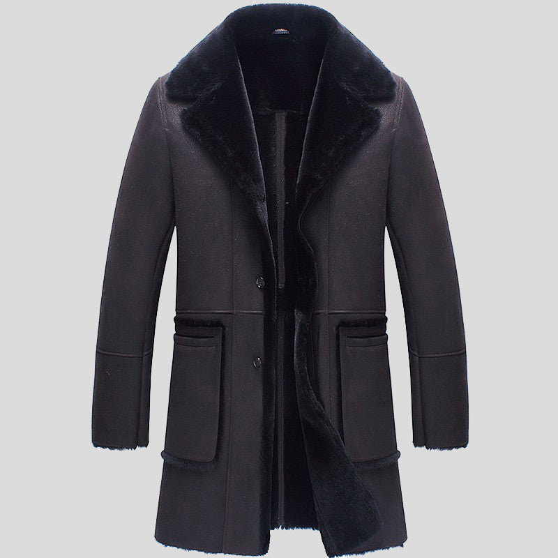 Mens Vintage Black Shearling Sheepskin Trench Coat