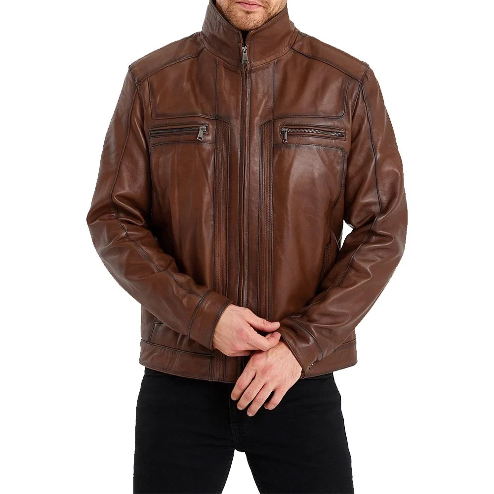 Mens Waxed Bomber Brown Leather Jacket