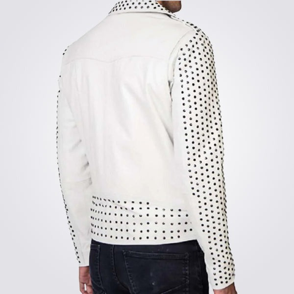 Men’s White Biker Leather Jacket with Silver Studded Belt – Avanzar Leather