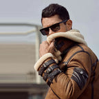Mens Aviator Brown Double Collar Flight Shearling Leather Jacket Coat