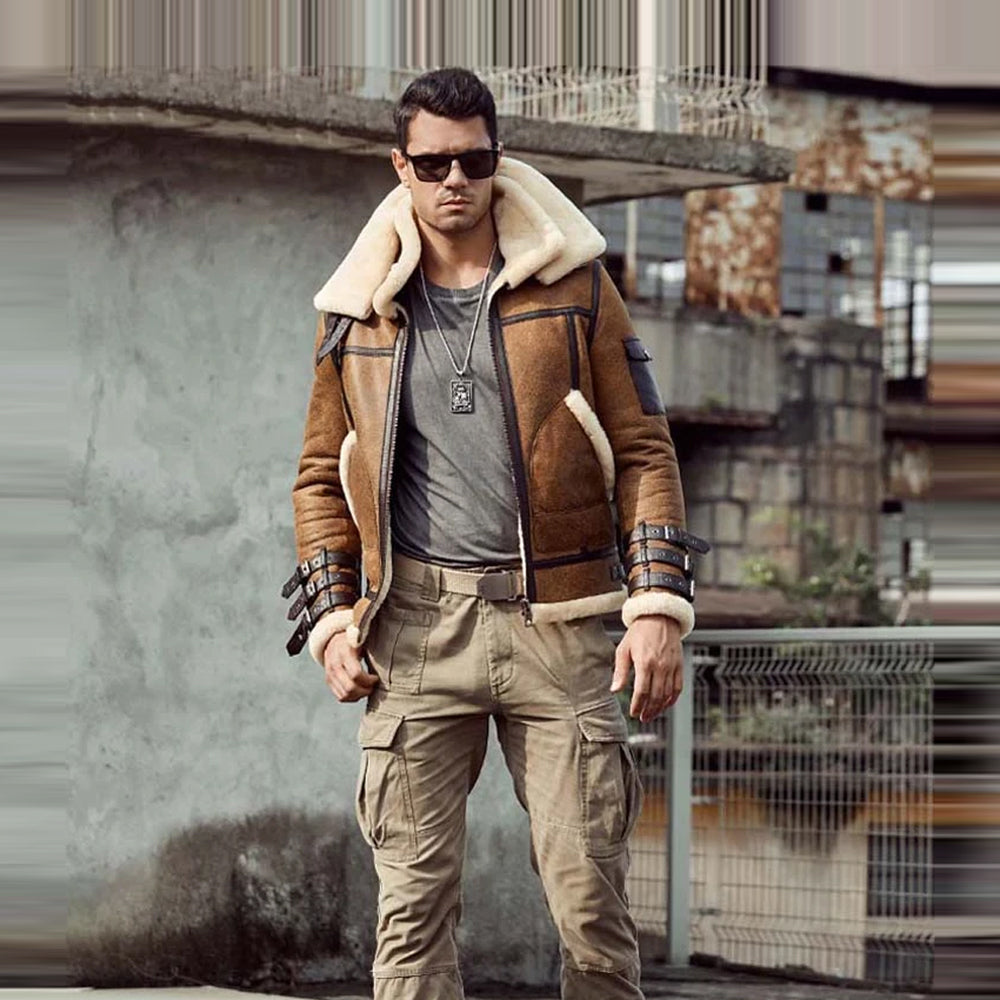 Mens Aviator Brown Double Collar Flight Shearling Leather Jacket Coat