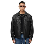 Mens Black Genuine Lambskin Leather Oversized Trucker Jacket