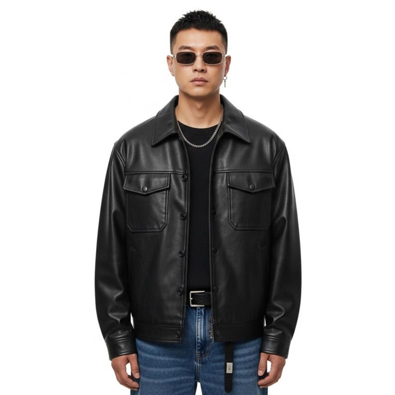Mens Black Genuine Lambskin Leather Oversized Trucker Jacket