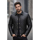 Mens Black Genuine Leather Quilted Moto Button Front Jacket