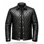 Mens Black Genuine Leather Quilted Moto Button Front Jacket
