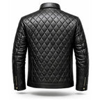 Mens Black Genuine Leather Quilted Moto Button Front Jacket