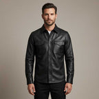 Mens Black Genuine Leather Snap Button Biker Overshirt Jacket