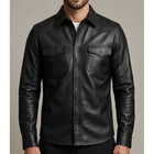 Mens Black Genuine Leather Snap Button Biker Overshirt Jacket