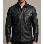 Mens Black Genuine Leather Snap Button Biker Overshirt Jacket
