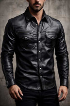 Mens Black Lambskin Leather Shirt Jacket Slim Fit