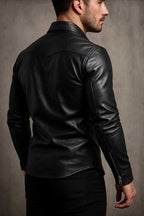 Mens Black Lambskin Leather Shirt Jacket Slim Fit