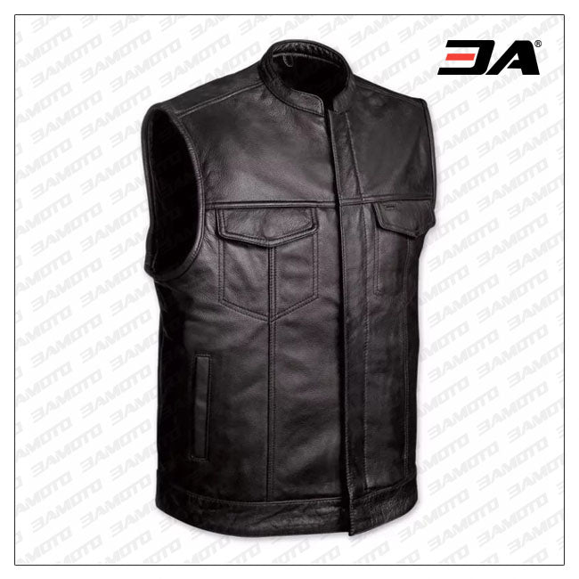 Mens Black Leather Motorcycle Club Vest