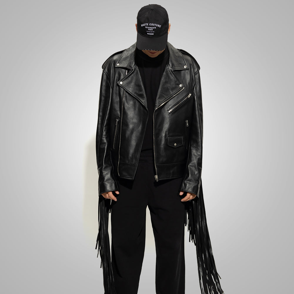 Men's Black Leather Motorcycle Cowboy Fringed Jacket