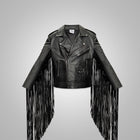 Mens Black Leather Motorcycle Cowboy Fringed Jacket