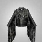 Mens Black Leather Motorcycle Cowboy Fringed Jacket