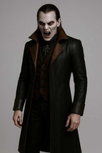 Mens Black Leather Trench Coat Gothic Steampunk Long Coat