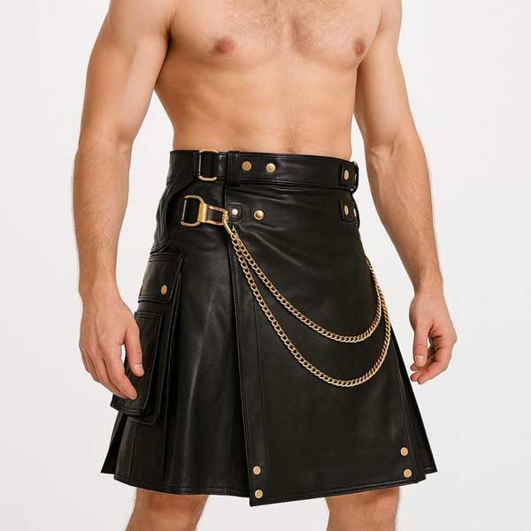 Mens Black Leather Utility Kilt Gothic Punk with Chain