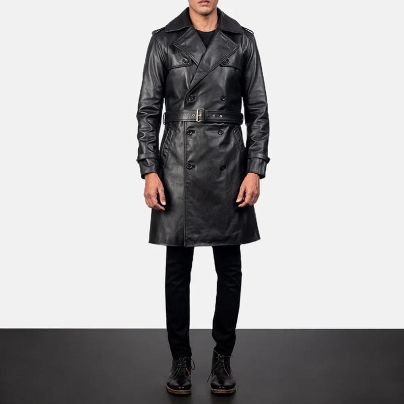 Mens Black Sheepskin Leather Duster Belted Coat
