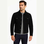 Mens Black Sheepskin Suede Leather Trucker Jacket Western Style