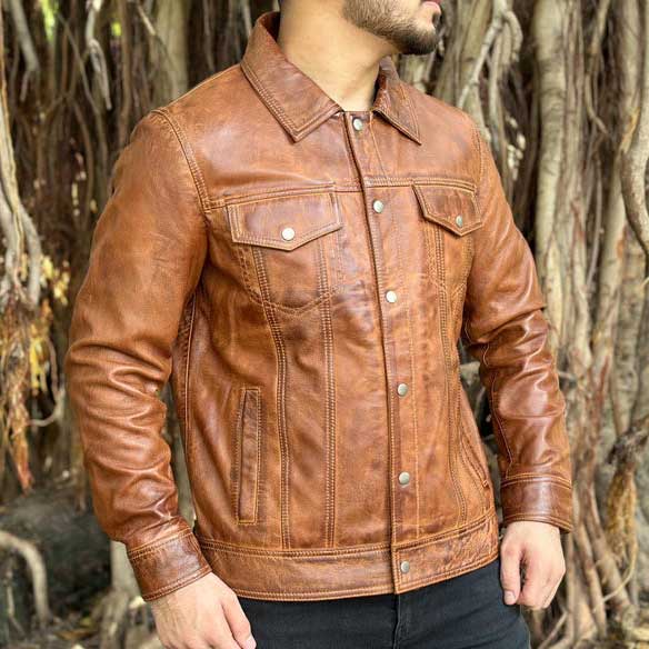 Mens Brown Lambskin Leather Biker Shirt Jacket