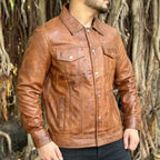 Mens Brown Lambskin Leather Biker Shirt Jacket