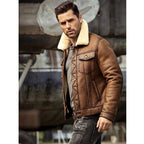 Men Brown Shearling Leather Jacket Trucker Shearling Leather Jacket Coat