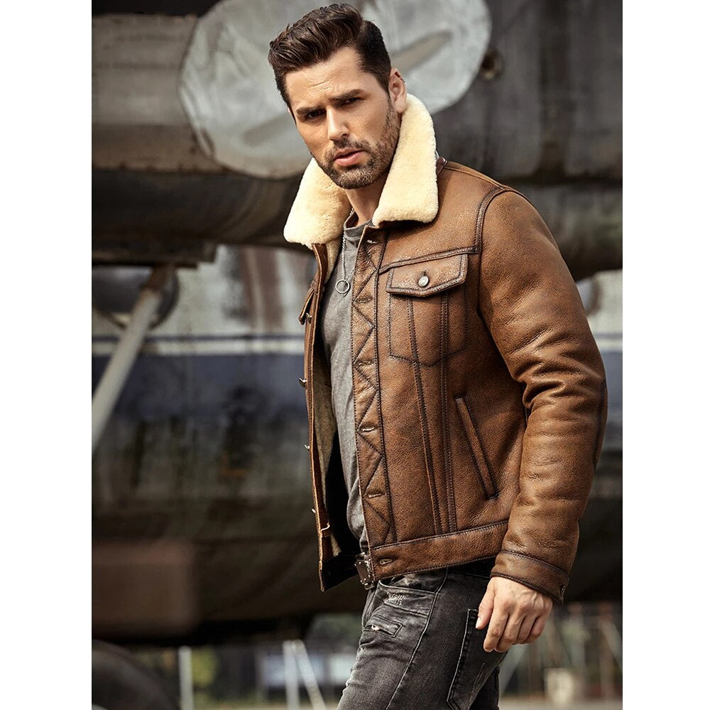 Men Brown Shearling Leather Jacket Trucker Shearling Leather Jacket Coat