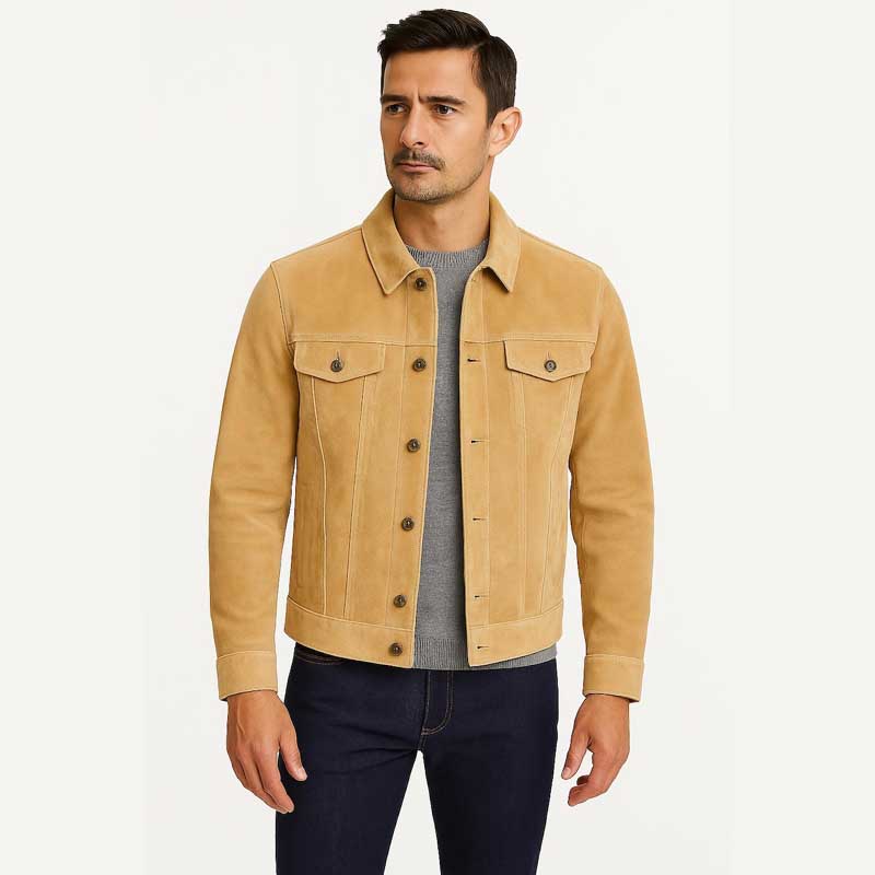 Mens Brown Sheepskin Suede Trucker Jacket Classic Western Style