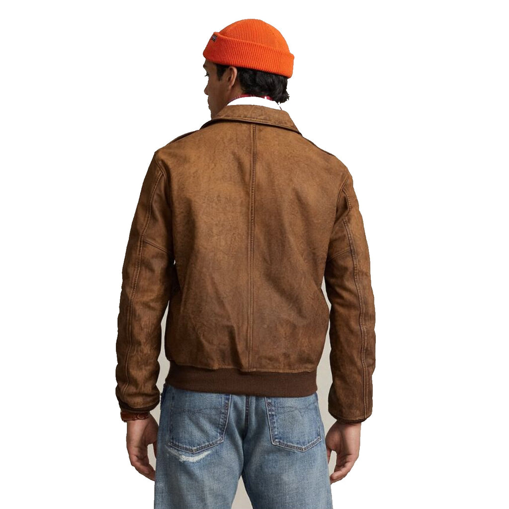 Mens Brown Vintage Hand Detailed Leather Bomber Jacket