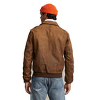 Mens Brown Vintage Hand Detailed Leather Bomber Jacket