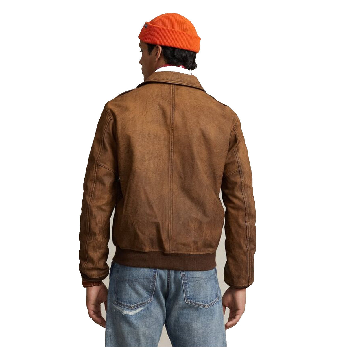 Mens Brown Vintage Hand Detailed Leather Bomber Jacket