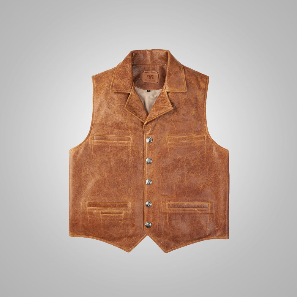 Men's Brown Western Cowboy Waistcoat Buffalo Leather Vest