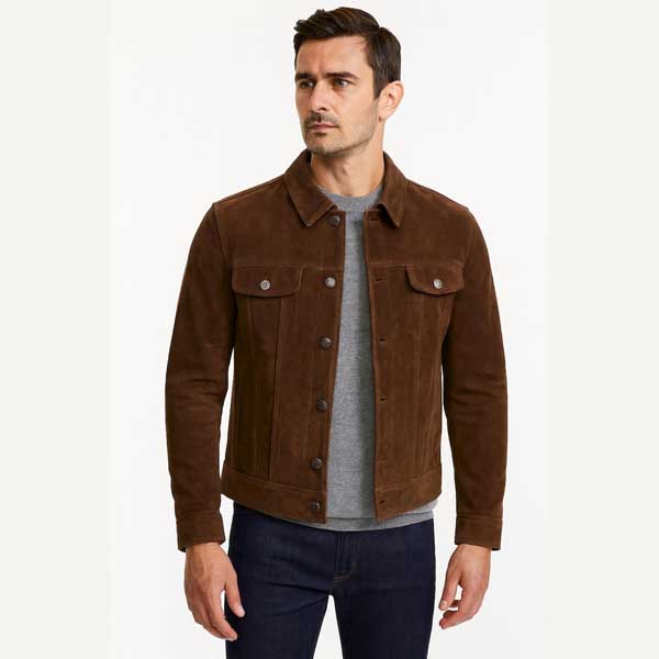 Mens Chocolate Brown Sheepskin Suede Trucker Jacket Western Style