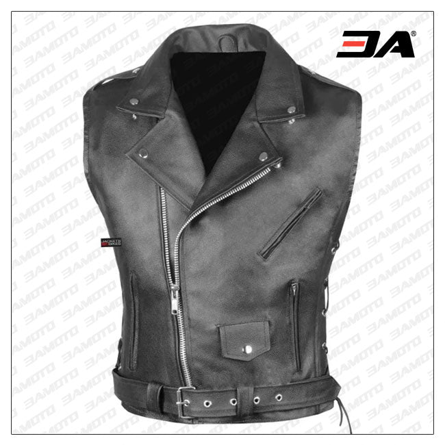 Mens Classic Black Leather Motorcycle Biker Vest