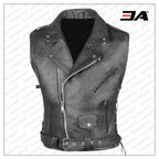 Mens Classic Black Leather Motorcycle Biker Vest